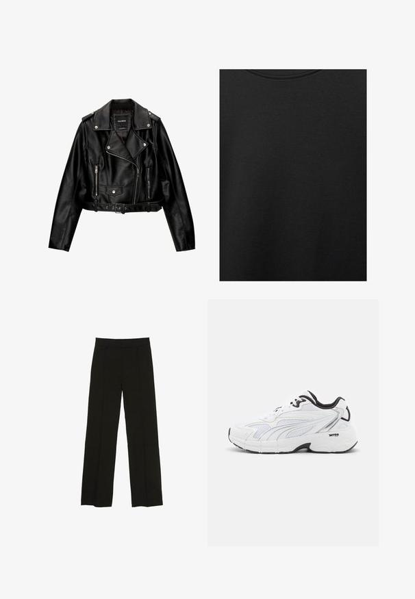 Schwarze Leder-Cropped-Bikerjacke mit Reverskragen, silberner Hardware, Reißverschlusstaschen und tailliertem Gürtel.; Schwarzer Baumwollstoff mit glatter Textur und Rundhalsausschnitt, der ein dezentes, gleichmäßiges Strukturmuster aufweist. Keine sichtbaren Logos oder Akzente.; Schwarze weit geschnittene Hosen aus glattem Stoff, ausgestattet mit einem taillierten Bund und dezenten vorderen Falten für zusätzliche Struktur.; Weißer Sport-Schuh mit einem Obermaterial aus Mesh, schwarzen Akzenten, strukturierten Einsätzen und einer gepolsterten Sohle für Komfort und Unterstützung.