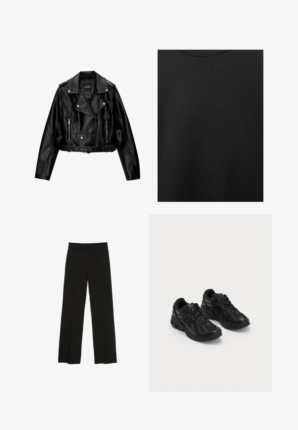 Crna kožna skraćena biker jakna srezanog ovratnika, srebrnim detaljima, džepovima na zip i remenom u struku.; Crni pamučni materijal s glatkom teksturom i okruglim izrezom, s nježnim, ravnomjernim uzorkom. Nema vidljivih logotipa ili akcenata.; Crne široke hlače izrađene od glatkog materijala, s uskim pojasom i suptilnim prednjim naborima za dodatnu teksturu.; Crne atletske tenisice napravljene od mrežastih i sintetičkih materijala. Imaju podstavljeni potplat, teksturirane uzorke i utisnut brend na strani.