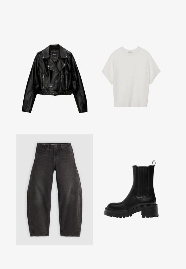 Čierna kožená skrátená bikerská bunda so zúženým golierom, striebornými doplnkami, zipsovými vreckami a pásom v páse.; Biela tričko s krátkym rukávom a širokým okrúhlym výstrihom, s textúrovaným rebrovaným vzorom, vyrobené z mäkkej látky, s uvoľneným strihom a čistým dizajnom.; Čierne džínsy z denimu s voľným strihom, ktoré majú päť vreciek, zapínanie na gombík a jemné vyblednutie. Tkanina má hladkú, pevnú textúru.; Čierne kožené členkové topánky s robustnou podrážkou, textúrovanými bočnými panelmi a pútkom na zadnej strane. Majú hladký povrch a zaoblenú špičku.