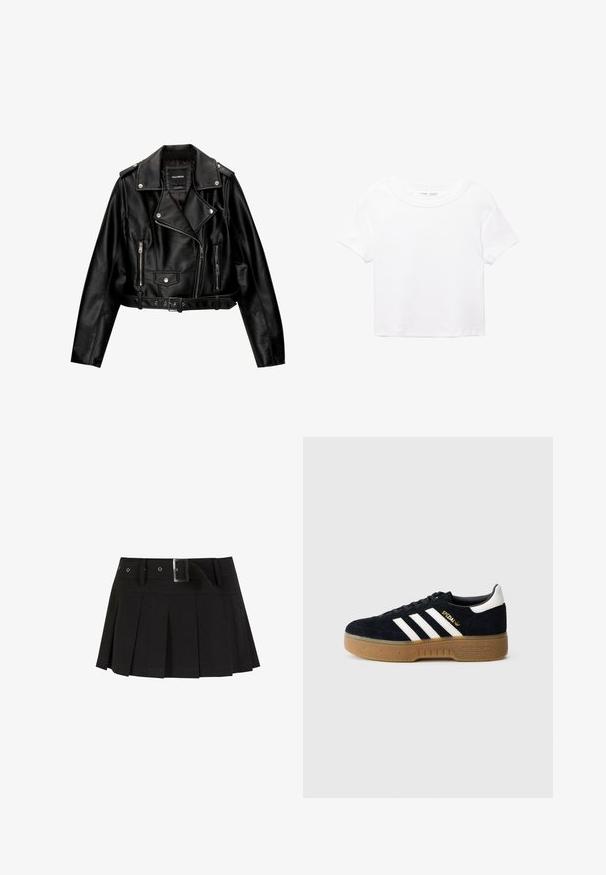 Zwarte leren cropped bikerjack met een ingenaaide kraag, zilveren hardware, ritssluitingen en een ceintuur in de taille.; Witte katoen t-shirt met een ronde halslijn en korte mouwen. Heeft een gladde textuur en een gelijkmatige, effen kleur zonder patronen.; Zwarte geplisseerde rok met een riem. Gemaakt van een soepele stof, met een zilveren gesp en een gestructureerde tailleband voor extra stijl.; Zwarte suède sneaker met witte drie strepen en gouden merktekens. Gele zool met gestructureerde grip. Klassiek laag model, afgeronde neus.