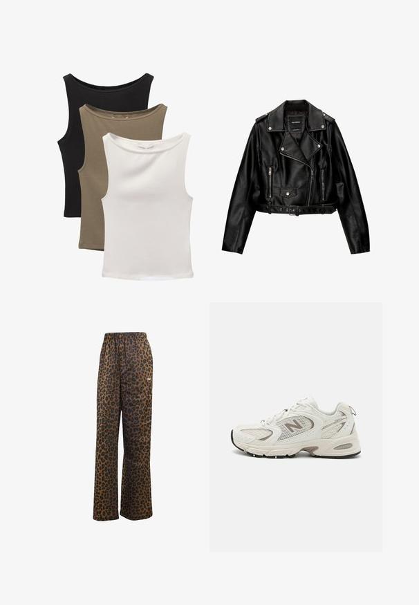 Zwarte leren cropped bikerjack met een ingenaaide kraag, zilveren hardware, ritssluitingen en een ceintuur in de taille.; Drie mouwloze topjes gestapeld: zwart, olijfgroen en wit. De stof is een glad materiaal met rek en heeft ronde halsen zonder patronen.; adidas Originals WIDE LEG LEO PRINT SATIN PANTS - Trainingsbroek - multicolor bronze strata; Witte mesh hardloopschoenen met grijze accenten, ronde neus, vetersluiting, gevoerde zool en een prominent "N"-logo aan de zijkant.