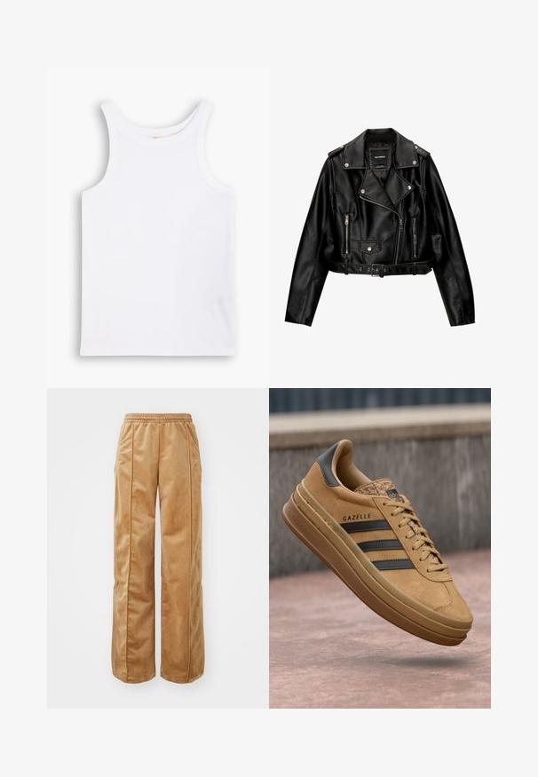 Svart läderkort motorcykeljacka med snedkrage, silverdetaljer, dragkedjefickor och bälte i midjan.; Vit bomullstopp med breda axelband, en rund halsringning och en slät, ribbad textur. Inga mönster eller detaljer finns.; Kraftiga vida byxor i mjukt, sammetsliknande material. Har en elastisk midja och vertikala sömmar fram för extra detalj.; Tan mockasiner i mocka med en slät yta, som har tre mörka ränder, en rund tå och en tjockare sula med ett mönstrat kant.