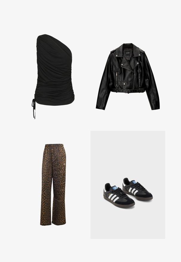 Musta nahkainen lyhyt moottoripyörätakki, jossa on lovellinen kaulus, hopeanväriset yksityiskohdat, vetoketjulliset taskut ja vyötärölle sidottava vyö.; Mustat, yhdelle olalle sopivat paita, joka on valmistettu joustavasta materiaalista. Etuosassa on rypytys ja hemman kohdalla nyöritys.; adidas Originals WIDE LEG LEO PRINT SATIN PANTS - Verryttelyhousut - multicolor bronze strata; Mustat lenkkarit, joissa on mokkanahka- ja synteettinen päällinen, kolmella valkoisella raidalla, tekstuurilla varustettu kumipohja ja sininen logo-etiketti kielellä.