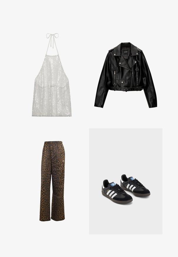 Giubotto da biker cropped in pelle nera con colletto a punta, hardware argentato, tasche con zip e vita con cintura.; Grembiule d'argento con nodo al collo. Presenta un tessuto leggero ricoperto di piccole paillettes circolari, che riflettono luce e texture.; adidas Originals WIDE LEG LEO PRINT SATIN PANTS - Pantaloni sportivi - multicolor bronze strata; Sneakers neri con tomaia in suede e materiale sintetico, caratterizzati da tre strisce bianche, suola in gomma testurizzata e etichetta blu sul linguetta.