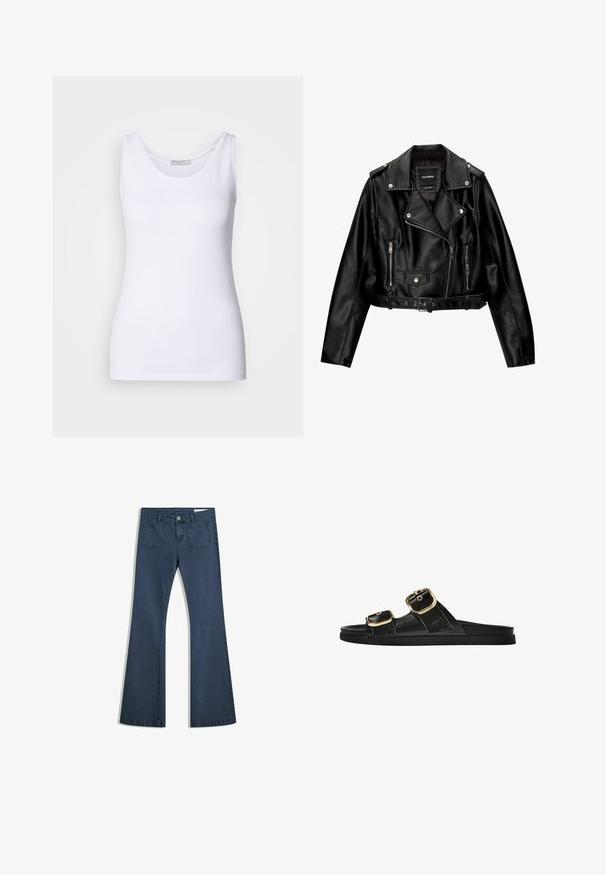 Černá kožená zkrácená motorkářská bunda s výstřihem, stříbrnými kovovými doplňky, zipovými kapsami a opaskem v pase.; Bílý tílko vyrobené z hladkého a elastického materiálu. Má zaoblený výstřih a široké ramínka. Spodní lem končí těsně pod pasem. Bez vzorů nebo akcentů.; Tmavě modré rozšířené džíny z denimu s prošitými kapsami, zapínáním na knoflík a hladkým povrchem. Obsahují klasický design s pěti kapsami.; Černé kluzné sandály s dvěma zlatými sponami, hladkým texturovaným materiálem, plochou podrážkou a minimalistickým designem.