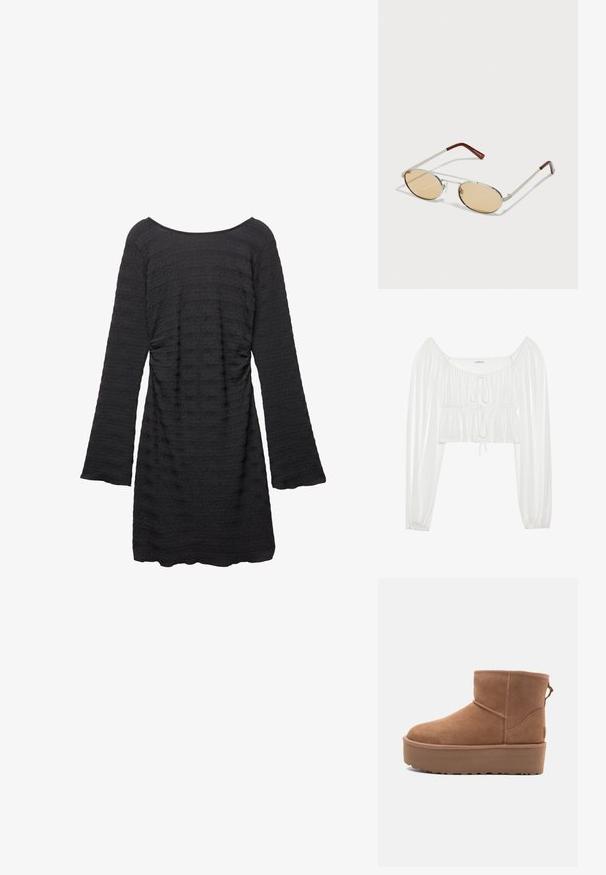 Sort læder cropped bikerjakke med et skårelapels, sølvhardware, lynlåslommer og bæltested.; Hvid cropped bluse med lange, puffede ærmer. Har en rynket front og snøre detaljer ved udskæringen. Glat, letvægtigt stof.; Sort kjole med lange klokkeærmer, tekstureret stof med vandrette striber, rund halsudskæring og samlet detalje i siden.; Tan ruskinds ankelstøvle med platformssål, rund tå og syninger; har en løkke bagpå for nem påtagning.; Metal solbriller med ovale, lysebrune tonede linser. Slank sølvfarvet stel med teksturerede detaljer og rødbrune spidser på stængerne.