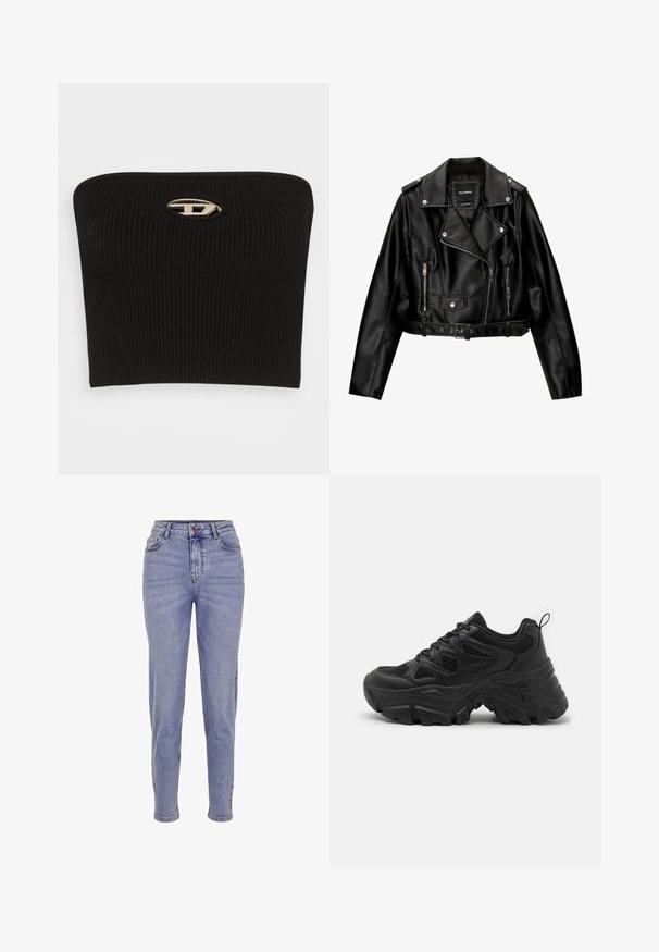 Fekete bőr rövidített motoros dzseki, amely jellemzője a kihajtható gallér, ezüst színű fémalkatrészek, cipzáras zsebek és övvel ellátott derék.; Fekete bordázott pánt nélküli felső, jellegzetes ovális ezüst logóval a közepén. Simára kidolgozott textúra és testhez simuló kialakítás.; Világoskék, magas derékú farmernadrág, cipzárral és gombos záródással, öt zsebbel és egyenes szárú szabással.; Fekete sportcipők struktúrált hálós felsőrésszel, ívelt gumitalppal és markáns mintázattal. Beépített fűzővel és húzópánttal rendelkezik.