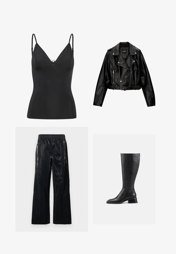 Čierna kožená skrátená bikerská bunda so zúženým golierom, striebornými doplnkami, zipsovými vreckami a pásom v páse.; Čierna, priliehavá tielko s nastaviteľnými tenkými ramienkami, výstrihom do V, bezšvovým dizajnom a hladkou textúrou. Vyrobené z mäkkého, elastického materiálu.; Čierne nohavice s širokými nohavicami vyrobené z lesklého materiálu. Majú elastický pás a vertikálne švy pre štruktúru a dizajn. Hladká textúra.; Čierna kožená čižma po kolená s okrúhlou špičkou a nízkym blokovým opätkom. Má hladký povrch a minimálne švy.
