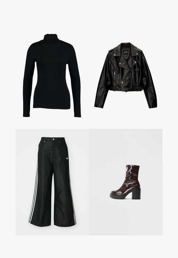 Zwarte leren cropped bikerjack met een ingenaaide kraag, zilveren hardware, ritssluitingen en een ceintuur in de taille.; Zwart lange mouw turtleneck top van gladde stof, met een aansluitend ontwerp en hoge hals, geschikt voor layering of als standalone kleding.; Zwarte denim broek met wijde pijpen, voorzien van drie witte strepen aan elke zijkant en een klein wit logo. Heeft voorzakken en een knoopsluiting.; Glanzende bordeauxrode enkelboot met een chunky zwarte hak, met een gladde textuur en een eenvoudig ontwerp. Geen zichtbare sluitingen of patronen.