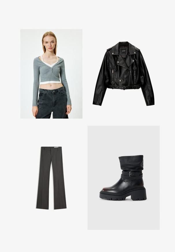 Musta nahkainen lyhyt moottoripyörätakki, jossa on lovellinen kaulus, hopeanväriset yksityiskohdat, vetoketjulliset taskut ja vyötärölle sidottava vyö.; Harmaa lyhythihainen paita V-pääntiellä, jossa on kolme nappia edessä. Yhdistetty tummiin vyötäröltä korkeisiin housuihin. Valkoinen toppi näkyy alla.; Harmaat leveät housut sileästä kankaasta, joissa on litteä etuosa, vyölenkit ja räätälöity muotoilu siisteillä linjoilla.; Musta nahkasaapas nilkkamalli, jossa on löysä yläosa, soljensuoja ja paksu, kestävä pohja. Mukana pyöreä kärki ja sileä pinta.