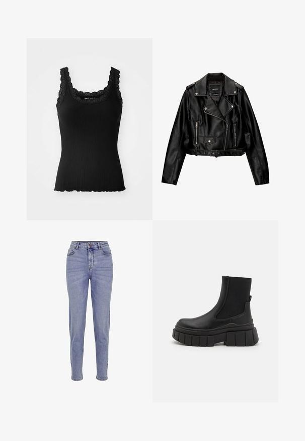 Black leather cropped biker jacket featuring a notched collar, silver hardware, zippered pockets, and a belted waist.; Black ribbed tank top with lace trim on neckline and shoulders, featuring a scalloped hem and fitted design, made from stretch fabric.; Light blue high-waisted jeans made of denim, featuring a zipper and button closure, five pockets, and a straight-leg cut.; Black ankle boots made of smooth leather with elastic side panels, a chunky platform sole, and a textured tread design.