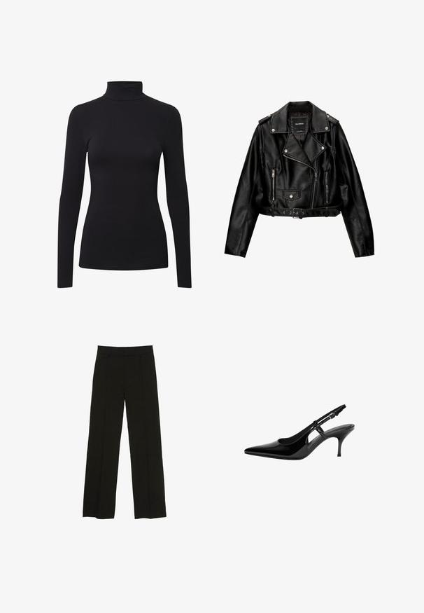 Čierna kožená skrátená bikerská bunda so zúženým golierom, striebornými doplnkami, zipsovými vreckami a pásom v páse.; Čierna roláková košeľa s dlhými rukávmi vyrobená z mäkkej, elastickej látky, s priliehavým strihom a bezšvovou konštrukciou pre hladký vzhľad.; Čierne široké nohavice vyrobené z hladkej tkaniny, so priliehavým pásom a jemnými prednými záhybmi pre zvýšenie textúry.; Čierne lakované lodičky na podpätku so špicatou špičkou, otvorenými bokmi, štíhlým podpätkom a nastaviteľným remienkom okolo členka.