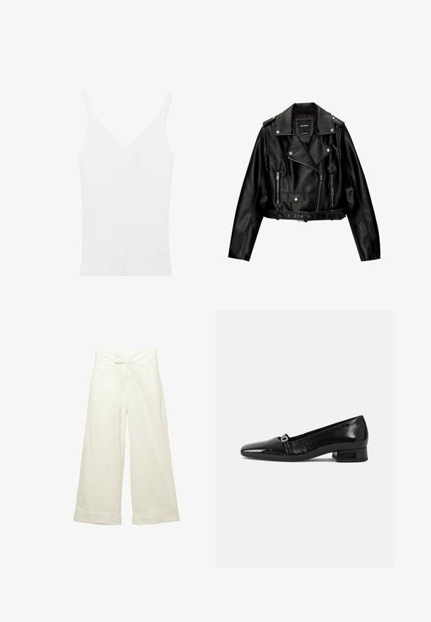 Crna kožna skraćena biker jakna srezanog ovratnika, srebrnim detaljima, džepovima na zip i remenom u struku.; Bijela majica bez rukava s tankim naramenicama, V-izrezom, prilagođenim krojem i rebrastom teksturom. Materijal izgledaju mekano i lagano.; Široke hlače od meke, kremaste tkanine. Imaju ravni pojas s prednje strane i roll-up rubove. Glatka tekstura s čistim, minimalističkim dizajnom.; Crne lakirane baletanke s ovalnim vrhom, niskom četvrtastom petom i malim metalnim detaljem kopče na remenu. Glatka tekstura.