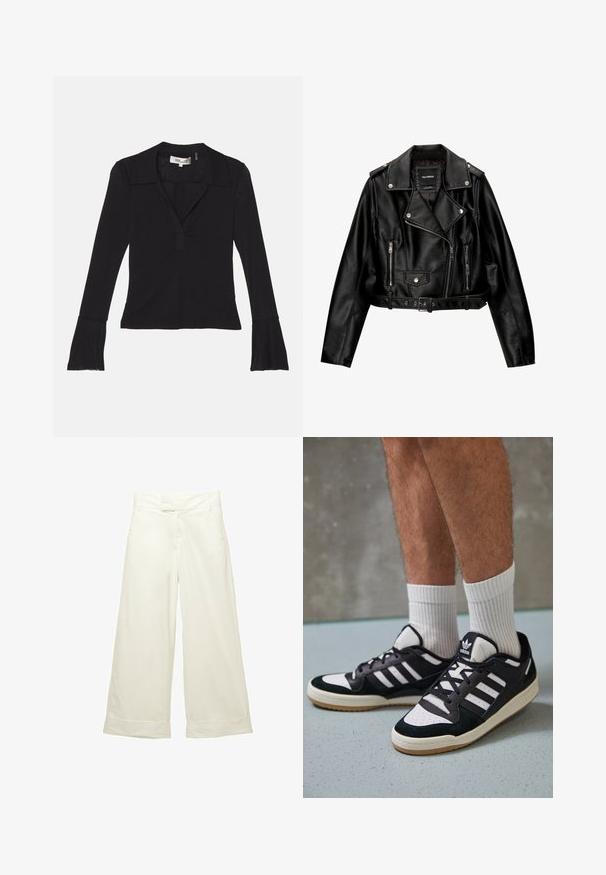 Black leather cropped biker jacket featuring a notched collar, silver hardware, zippered pockets, and a belted waist.; Diane von Furstenberg MACKENZIE - Long sleeved top - black; Wide-leg trousers in soft, cream fabric. Features a flat front waistband and rolled cuffs. Smooth texture with a clean, minimalist design.; Black and white sneakers with a suede and leather upper, featuring three white stripes, a perforated toe, and a gum rubber sole.