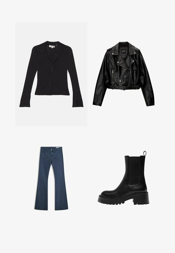 Sort læder cropped bikerjakke med et skårelapels, sølvhardware, lynlåslommer og bæltested.; Diane von Furstenberg MACKENZIE - Langærmet T-shirt - black; Mørkeblå, udvidede denimjeans med syede lommer, knaplukning og en glat tekstur. Har et klassisk fem-lommemønster.; Sorte læder ankelsko med en kraftig sål, teksturerede sidepaneler og en trækkeark. Den har en glat finish og en rund tå.