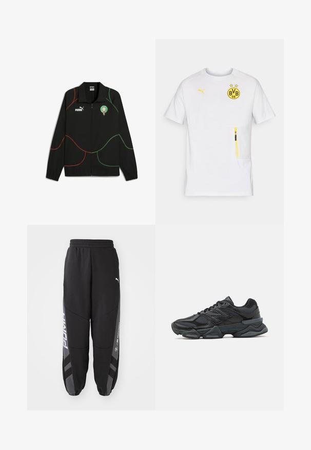 Jachetă neagră cu fermoar frontal, având linii curbate verzi și roșii, logo-ul Puma pe partea stângă a pieptului și un emblemă marocană pe partea dreaptă.; Cămașă sport albă cu mânecă scurtă, prezentând un logo BVB galben, accente galbene și un buzunar cu fermoar pe partea din stânga față. Material ușor.; Pantaloni de jogging negri, confecționați dintr-un material moale. Dispune de o talie elastică, picioare ajustate, accente gri și logo-uri albe pe laterale.; Pantofari de alergare negri, cu un amestec de plasă și materiale sintetice, talpă masivă, design curbat și branding proeminent pe lateral.
