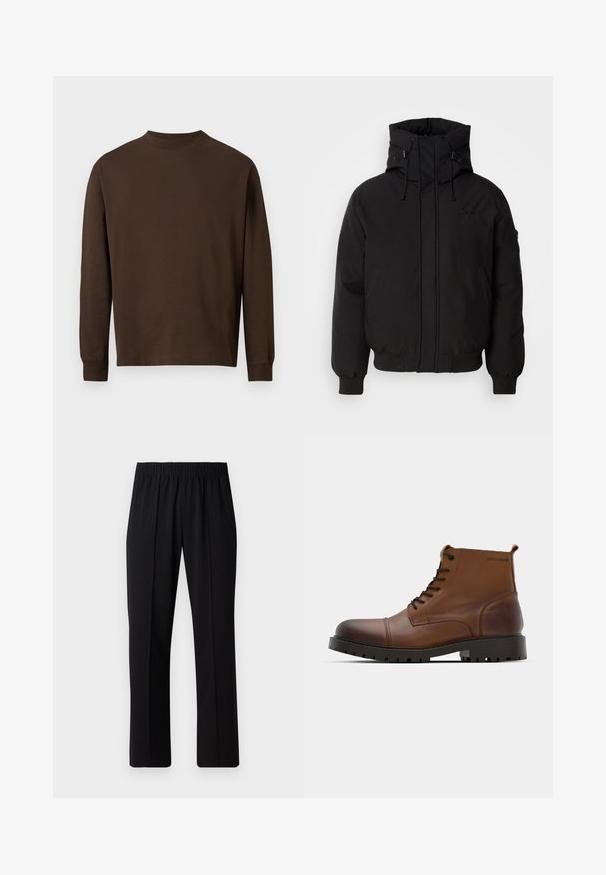 Svart polstret jakke med høyt krage, snorhette og glidelås på ermene. Har frontal glidelås og sidelommer. Jevn stofftekstur.; Brun langermet skjorte laget av mykt stoff, med rund hals og rett snitt uten synlige mønstre eller detaljer.; Svart, elastisk midjebukser med rett ben-design, med en glatt tekstur og uten synlige mønstre eller maskinvare.; Brune lær ankle boots med rund tå, sorte snørebånd og teksturert gummisåle. Har logodetalj på siden og glatt finish.