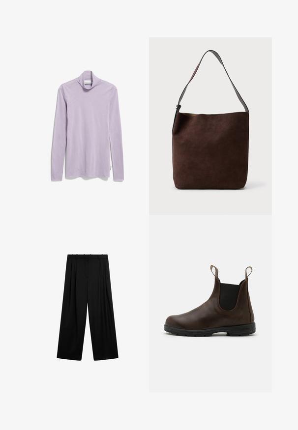 Donkergroene waterdichte jas met een bruine corduroy kraag, drukknoopsluiting, twee voorzakken en een relaxte pasvorm. Soepele textuur, casual ontwerp.; Olijfgroene gebreide cardigan met V-hals, vijf knopen en brede geribbelde mouwen en zoom. Zachte textuur en losse pasvorm.; Lange mouw turtleneck shirt in licht lavendel, zachte textuur, gemaakt van lichtgewicht stof, met een ontspannen hals en zijknopen.; Massimo Dutti DARTED - Broek - black; Bruine leren enkellaars met elastische zijkanten, trekriempjes en een getextureerde rubberen zool. Heeft een slank, rond te ontwerp.; Bruine suede schoudertas met een gladde textuur en een enkele verstelbare schouderband; beschikt over een minimalistisch ontwerp en subtiele branding aan de voorkant.