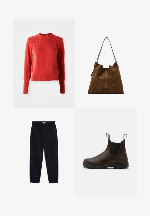 Donkergroene waterdichte jas met een bruine corduroy kraag, drukknoopsluiting, twee voorzakken en een relaxte pasvorm. Soepele textuur, casual ontwerp.; Rode gebreide trui met ribgebreide ronde hals, schouders, manchetten en zoom, weergegeven tegen een eenvoudige witte achtergrond.; Zwarte denim jeans met een rechte pijp, vijf zakken en een knoopsluiting. De stof heeft een gladde textuur en minimale zichtbare stiksels.; Bruine leren enkellaars met elastische zijkanten, trekriempjes en een getextureerde rubberen zool. Heeft een slank, rond te ontwerp.; Bruine suede emmer tas met een zwarte leren schouderriem, met een zachte silhouette en naaddetail aan de onderkant.