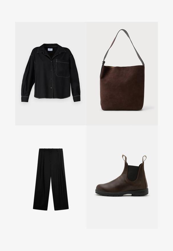 Donkergroene waterdichte jas met een bruine corduroy kraag, drukknoopsluiting, twee voorzakken en een relaxte pasvorm. Soepele textuur, casual ontwerp.; Zwarte overhemden met kraag, lange mouwen en een borstzak. Witte contrasterende stiksels langs de naden. Glad textuur van de stof.; Massimo Dutti DARTED - Broek - black; Bruine leren enkellaars met elastische zijkanten, trekriempjes en een getextureerde rubberen zool. Heeft een slank, rond te ontwerp.; Bruine suede schoudertas met een gladde textuur en een enkele verstelbare schouderband; beschikt over een minimalistisch ontwerp en subtiele branding aan de voorkant.