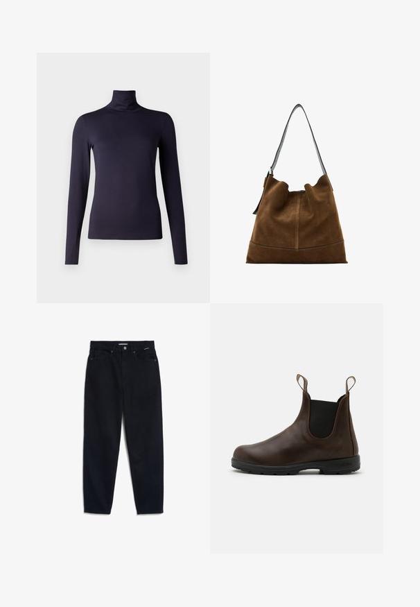 Dark green waterproof jacket with a brown corduroy collar, snap buttons, two front pockets, and a relaxed fit. Smooth texture, casual design.; Navy long-sleeve turtleneck top made from smooth, stretchy material. Fitted design with a high neck and no visible patterns or accents.; Black denim jeans with a straight leg, five-pocket design, and a button closure. Fabric has a smooth texture and minimal visible stitching.; Brown leather ankle boot with elastic side panels, pull tabs, and textured rubber sole. Features a sleek, rounded toe design.; Brown suede bucket bag with a black leather strap, featuring a soft silhouette and seam detailing at the base.