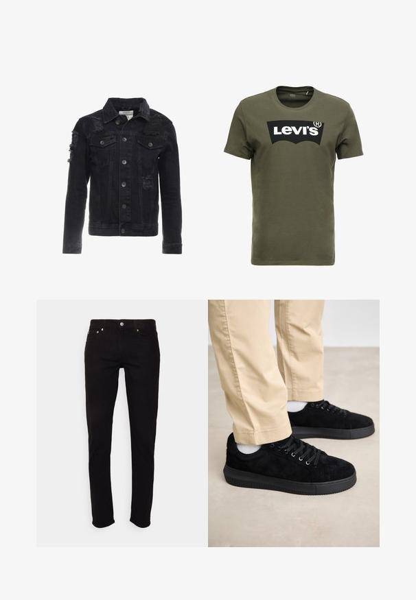 Černá džínová bunda s opotřebovanými detaily, knoflíky na přední straně, dvěma náprsními kapsami a klasickým límečkem.; Olivově zelené bavlněné tričko s velkým černým logem Levi's na přední straně. Klasický kulatý výstřih a krátké rukávy, hladká textura.; Černé džíny vyrobené z denimu s úzkým střihem, pětikičkovým designem a kovovými akcenty, s klasickým zapínáním na knoflík a zip.; Calvin Klein Jeans CHUNKY CUPSOLE - Tenisky - triple black