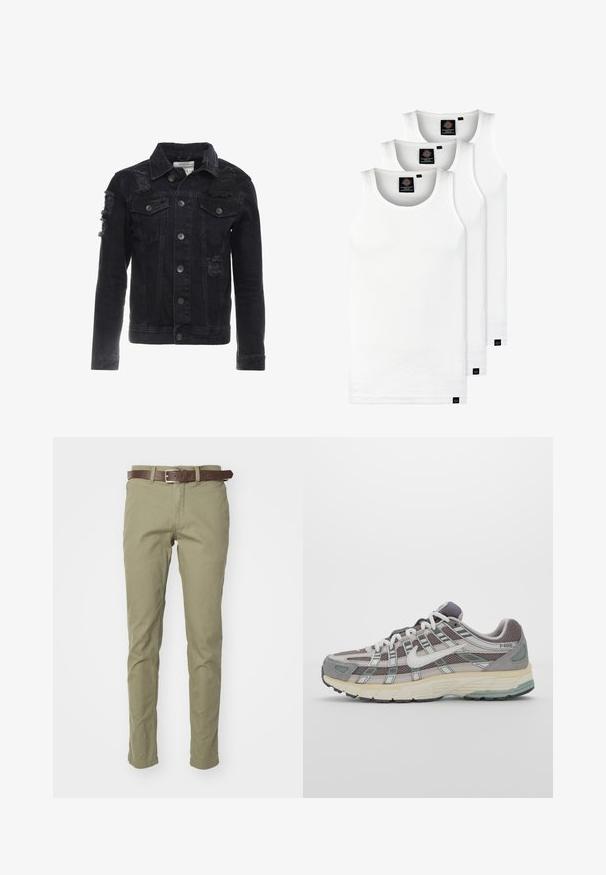 Čierna džínsová bunda s ošúchanými detailmi, gombíkmi vpredu, dvoma náprsními vreckami a klasickým golierom.; Tri biele rebrované tielka vyrobené z bavlny. Majú okrúhly výstrih a malé čierne štítky pri leme. Dostupné v rôznych veľkostiach.; Olivovo zelené bavlnené nohavice s úzkym strihom, vybavené hnedým koženým opaskom. Hladká textúra, bez viditeľných vzorov alebo akcentov.; Šedá športová obuv so zvrškom z nylonu a semišu, bielymi akcentmi, polstrovanou podrážkou a jedinečným dizajnom s reflexnými prvkami.