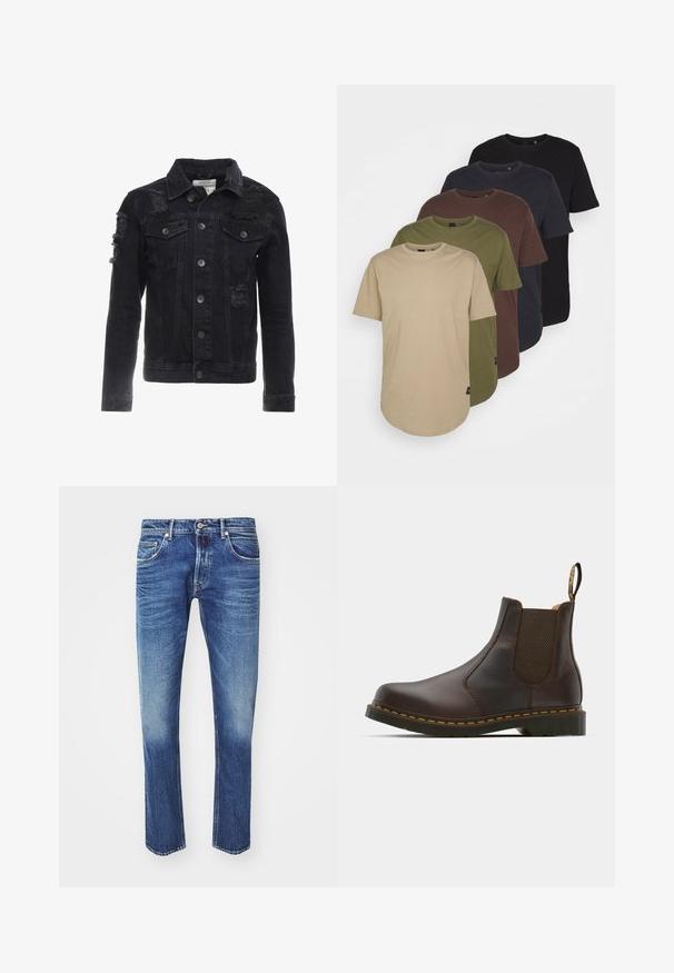 Melnā džinsa jaka ar nolietotām akcentiem, pogām priekšpusē, divām krūšu kabatām un klasisku apkakles dizainu.; Piecas t-kreklu formas, sakārtotas gradientā: bežs, olīvu zaļš, brūns, tumši zils un melns. Izgatavoti no mīksta kokvilnas ar īsām piedurknēm un apaļu kakla izgriezumu.; Gai zils džinsu audums ar izbalējušu efektu, taisnas kājas dizains, jostu cilpas un piecu kabatu stils. Iekļauj sudraba detaļas un smalku šuvumu.; Brūni ādas Chelsea zābaki ar elastīgām sānu daļām, teksturētu papēdi un kontrastējošiem dzelteniem šuvēm. Iespējots vilkt ar cilpu, lai viegli uzvilktu.