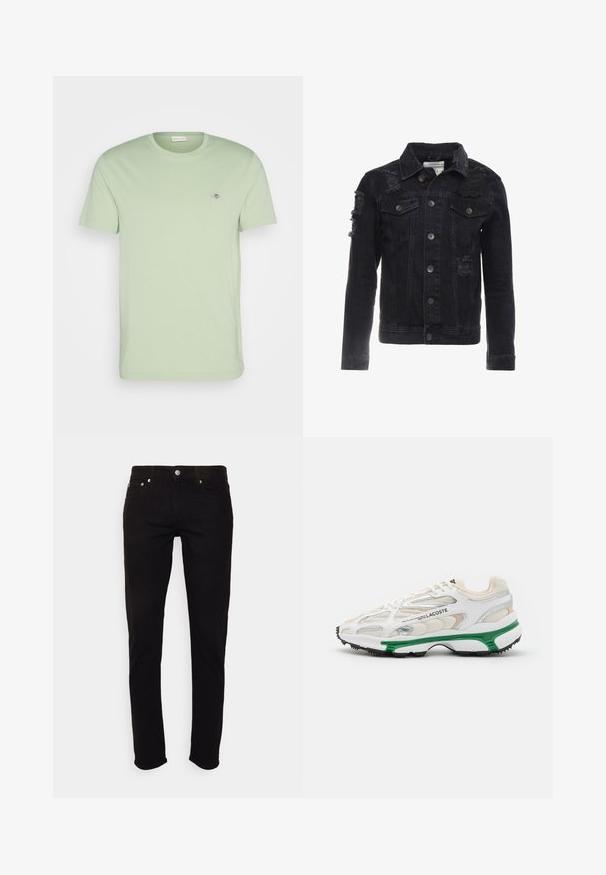 Sort denimjakke med slidte detaljer, knapper på forsiden, to brystlommer og en klassisk kravedesign.; GANT SHIELD - T-shirts basic - milky matcha; Sorte jeans lavet af denim med slim fit, fem-lomme design og metalhardware detaljer, der har en klassisk knap- og lynlås-lukning.; Hvide sneakers med grønne accenter og sort gummisål. Har mesh- og syntetiske paneler med en struktureret overflade og synlige sømme.