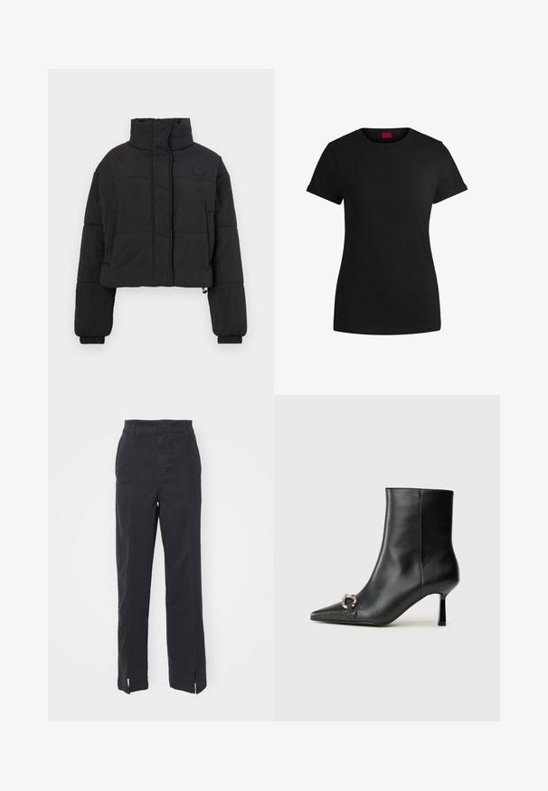Cropped black puffer jacket with a high collar, featuring quilted sections, elastic cuffs, and a small logo on the chest.; Black cotton t-shirt with short rolled sleeves, a round neckline, and a red label. Smooth texture, fitted shape with minimal detailing.; Black straight-leg pants made of a smooth, durable fabric. Features a high waist and front slits at the hem for added detail.; Black leather ankle boot with pointed toe, slim mid-height heel, and silver buckle detail on side against plain background.