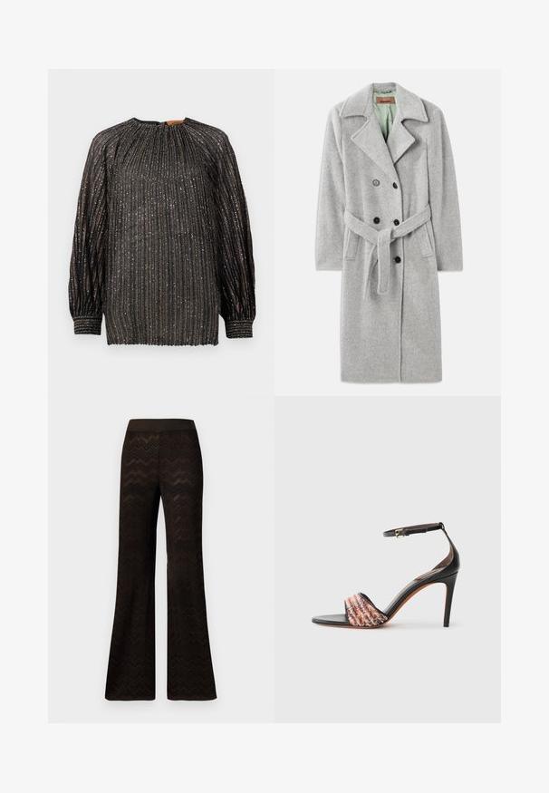 Pilkas vilnos mišinys paltas su dvigubai užsegamu dizainu, smailiomis apykaklėmis, juodais mygtukais ir audinio diržu. Vidus šviesiai žalias.; Megztas polo megztinis su daugiakampiu zigzag raštu, su juodu apykakle ir mygtukų užsegimu. Minkšta tekstūra, ilgomis rankovėmis ir gumuotais rankogaliais.; Juoda klostuota palaidinė su metaliniais siūlais, ilgomis rankovėmis, aukšta apykakle ir elastingomis rankovių gumomis. Palaidinė turi vertikalias juosteles ir tekstūruotą paviršių.; Platūs juodi kelnių kraštai su zigzago raštu, elastinga juosmena, pristatyti ant balto fono.; Juodi kulniukai su užtrauktuku ant kulkšnies. Yra tekstūruota, daugiaspalvė audinio juosta per pirštus. Lygus odos paviršius.