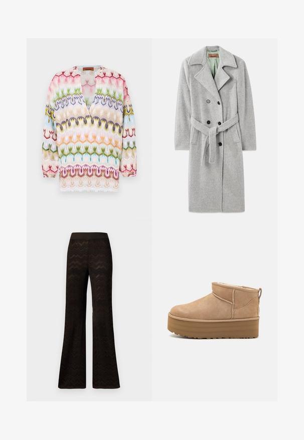 Pilkas vilnos mišinys paltas su dvigubai užsegamu dizainu, smailiomis apykaklėmis, juodais mygtukais ir audinio diržu. Vidus šviesiai žalias.; Megztas polo megztinis su daugiakampiu zigzag raštu, su juodu apykakle ir mygtukų užsegimu. Minkšta tekstūra, ilgomis rankovėmis ir gumuotais rankogaliais.; Marginta daugiaspalvė bliuska su V formos iškirpte, ilgomis rankovėmis, su sudėtingais gėlių ir bangų raštais rožinės, žalios, mėlynos ir geltonos spalvų.; Missoni Polo marškinėliai - multicolor/red/pink/blu; Platūs juodi kelnių kraštai su zigzago raštu, elastinga juosmena, pristatyti ant balto fono.; Bežiniai zomšiniai aukštakulniai batai su pūkuotu vidumi, turintys platformos padas ir traukimo kilputę gale patogiam užsimovimui. Tekstūruotas guminis padas.