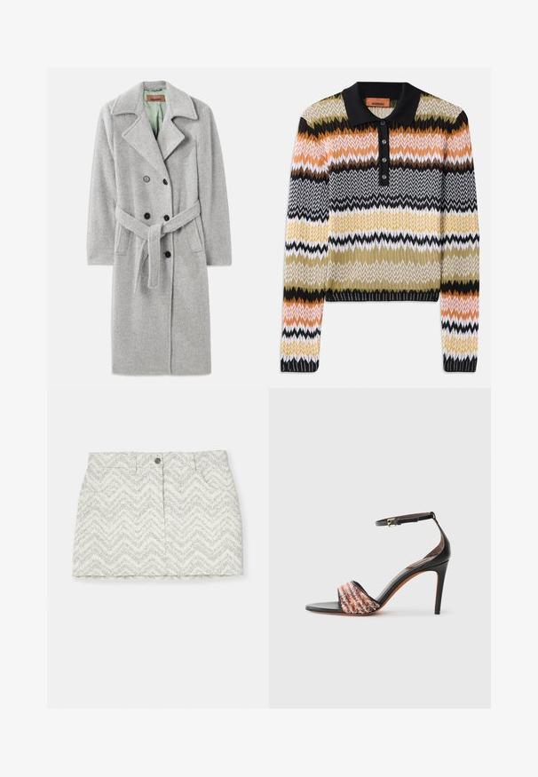 Palton gri dintr-un amestec de lână, cu un design cu două rânduri de nasturi, rever ascuțit, nasturi negri și o curea din material. Interior în verde deschis.; Pulover tricotat cu guler polo în model zigzag multicolor, având un guler negru și placheta cu nasturi. Textură moale, cu mâneci lungi și manșete cu nervuri.; Polo cu guler maro, cu un model unduit multicolor în nuanțe de maro, crem și teracotă; placket cu cinci butoane; mâneci scurte.; Fustă albă cu un model în zigzag gri, dotată cu închidere cu nasturi, două buzunare laterale și o croială dreaptă. Fabricată dintr-un material texturat.; Sandal cu toc negru și bridă pentru gleznă. Prezintă o bandă din țesătură texturată, multicoloră, peste degete. Finisaj din piele netedă.