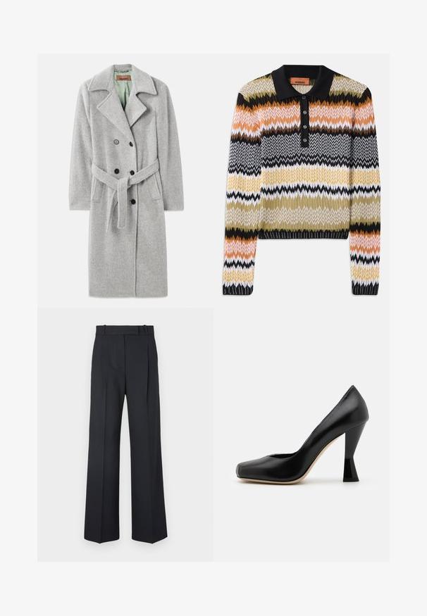 Szary płaszcz z wełny z podwójnym zapięciem, wysmukloną klapą, czarnymi guzikami i materiałowym paskiem. Wnętrze w jasnym zielonym kolorze.; Sweter polo z dzianiny w wielokolorowy wzór zygzaków, z czarnym kołnierzykiem i listwą na guziki. Miękka faktura, długie rękawy i ściągacze przy mankietach.; Brązowa koszulka polo z wielokolorowym falistym wzorem w odcieniach brązu, kremu i terakoty; pięcioprzyciskowa listwa; krótkie rękawy.; Ciemnoniebieskie spodnie w paski z wysokim stanem, szerokimi nogawkami i bez widocznych elementów metalowych lub ozdób. Gładka tekstura i dopasowany krój.; Czarna skórzana szpilka z kwadratowym noskiem i unikalnie ukształtowanym, błyszczącym czarnym obcasem. Gładka tekstura i prosty design.