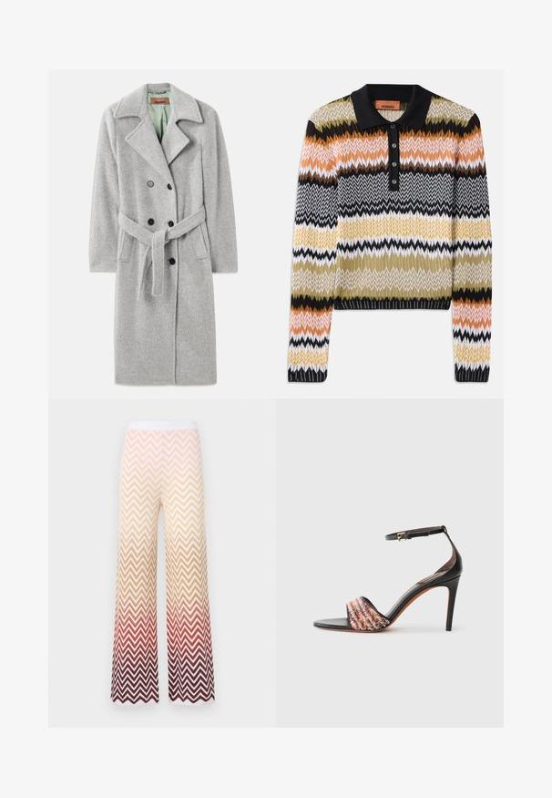 Šedý vlněný kabát s dvouřadým zapínáním, špičatým klopem, černými knoflíky a textilním páskem. Vnitřek v světle zelené barvě.; Pletený polo svetr v mnohobarevném zigzagovém vzoru, s černým límcem a knoflíkovou légou. Měkká textura s dlouhými rukávy a žebrovanými manžetami.; Hnědá polo košile s multikolorovým vlnitým vzorem v odstínech hnědé, krémové a terakotové barvy; zapínání na pět knoflíků; krátké rukávy.; Široké pletené kalhoty s vzorem zigzag chevron, přecházející od krémové přes oranžovou až po tmavě červenou, s bílým elastickým pasem.; Černé sandály na podpatku s páskem kolem kotníku. Mají texturovaný, vícebarevný pruh látky přes prsty. Hladký kožený povrch.