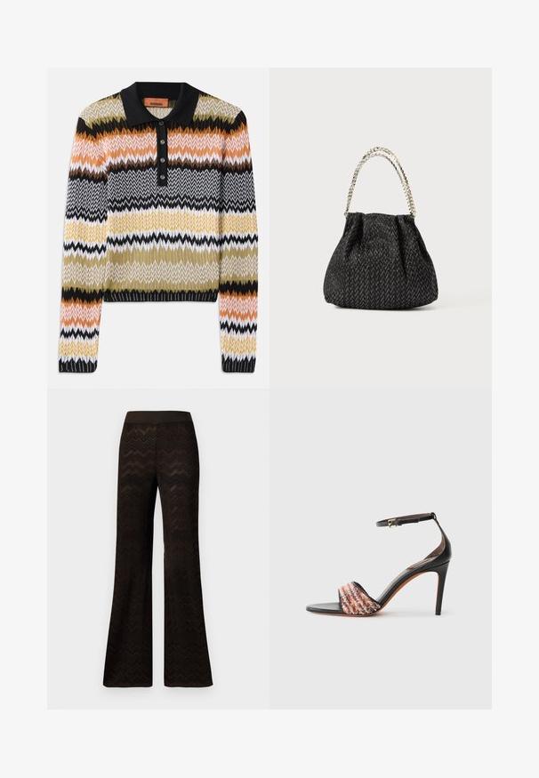 Pelēks vilnas maisījuma mētelis ar divreiz aizpogātu dizainu, izteiksmīgu apkakli, melnām pogām un auduma jostu. Iekštelpas ir gaiši zaļas.; Adīts polo džemperis ar daudzkrāsu zigzag rakstu, ar melnu apkakli un pogu rindu. Mīksta tekstūra, garas piedurknes un ribotas aproces.; Brūnas krāses polo krekls ar daudzkrāsainu viļņotu rakstu brūnos, krēmkrāsas un terakotas toņos; piecu pogu aizdare; īsas piedurknes.; Platas kāju melnas bikses ar zigzaga adījuma rakstu un elastīgu jostu, izliktas uz viendabīga balta fona.; Melnu augsto papēžu sandal (ar potītes siksniņu). Iezīmējas ar struktūru un daudzu krāsu auduma joslu pāri pirkstiem. Gluds ādas apdare.; Melnā teksturētā roku soma ar zīda rakstu, savilkta dizaina un metāla ķēdes rokturi. Mīksta auduma virsma nodrošina elegantu izskatu.