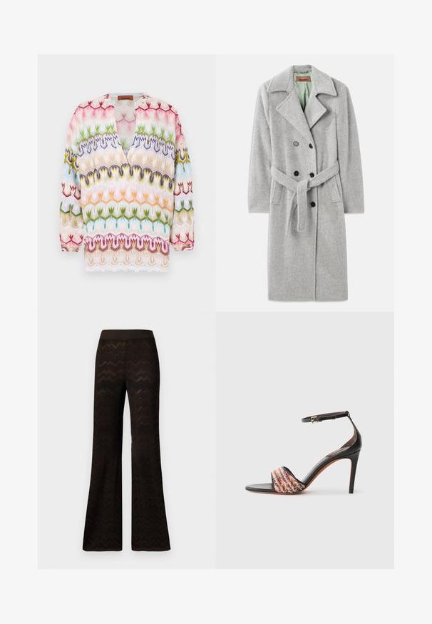 Grau melierter Wollmischmantel mit doppelter Knopfleiste, spitzem Revers, schwarzen Knöpfen und einem Stoffgürtel. Innenfutter in Hellgrün.; Mehrfarbige, gestickte Bluse mit V-Ausschnitt, langen Ärmeln und aufwendigen floralen und wellenförmigen Mustern in Pink, Grün, Blau und Gelb.; Braunes Polohemd mit einem mehrfarbigen wellenförmigen Muster in Brauntönen, Creme und Terrakotta; mit fünf Knöpfen vorne; kurze Ärmel.; Schwarze, weite Hosen mit einem Zickzack-Strickmuster und elastischem Bund, vor einem schlichten weißen Hintergrund präsentiert.; Schwarze Absatzsandale mit einem Knöchelriemen. Verfügt über ein strukturiertes, mehrfarbiges Stoffband über dem Zehenbereich. Glatte Lederoberfläche.