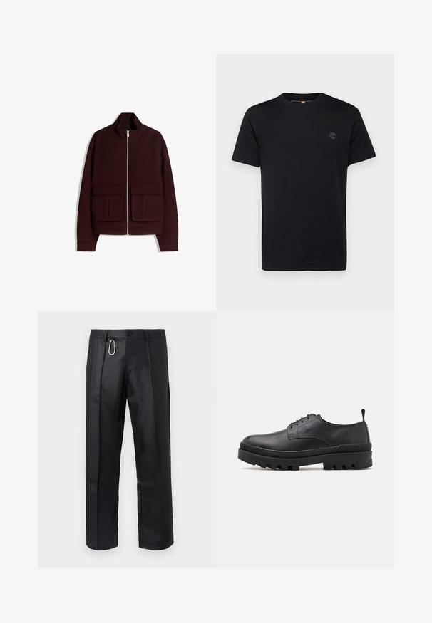 Burgunderfarbene Zip-Jacke aus weichem Material, mit einem hohen Kragen, langen Ärmeln und zwei vorderen Leistentaschen mit Klappen.; Schwarzes Baumwoll-T-Shirt mit Rundhalsausschnitt, kurzen Ärmeln und einem kleinen, gestickten Logo auf der Brust. Glatte Textur, klassischer Schnitt.; Schwarze Lederhosen mit geradem Schnitt, vorderen Falten und einem silbernen Karabinerakzent am Bund. Glatte Textur mit minimaler Detailgestaltung.; Schwarzer Lederschuh mit abgerundetem Fuß, Schnürdesign und massiver Gummisohle. Verfügt über eine Zuglasche an der Ferse und strukturierte Akzente.