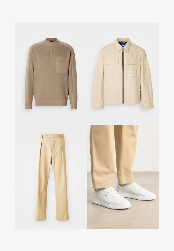 Beżowa kurtka z zamkiem błyskawicznym z przodu, dwoma kieszeniami na piersi i małą metką z logo. Wykonana z gładkiego, lekkiego materiału.; Beżowy sweter dzianinowy z długimi rękawami, prążkowanym kołnierzem i mankietami oraz kieszenią naszywaną na lewej piersi.; Beżowe spodnie o prostym kroju nogawki, z przodu z zakładkami, zapinane na guzik i o gładkiej fakturze. Bez widocznych wzorów ani akcentów.; Białe skórzane sneakersy o gładkim wykończeniu, z okrągłym noskiem, sznurowanym designem i subtelnym logo po boku, w połączeniu z beżowymi spodniami.