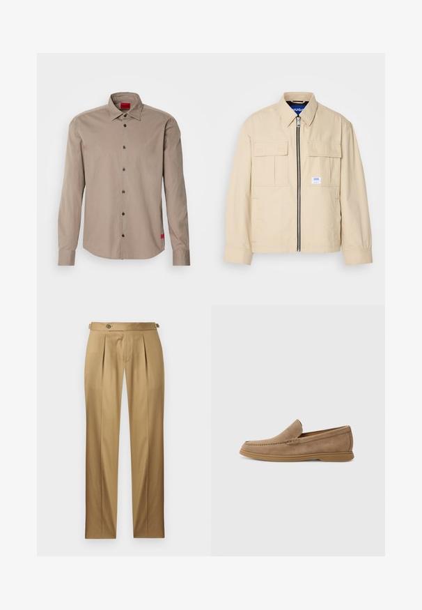 Vaaleanbeige takki, jossa on etuvetoketju, kaksi rintataskua ja pieni brändilogo. Valmistettu sileästä, kevyestä kankaasta.; Pitkähihainen svetari vaaleanruskeasta puuvillasta, napakka kaulus, mustat napit ja pieni punainen logotagi helmoissa.; Beiget suoralahkeiset housut, joissa on laskokset, napillinen suljenta ja vyölenkit. Sileä kangas ja siisti, räätälöity ilme.; Ruskeat mokka-kankaiset loaferit, joissa on sileä pinta ja ommeltu yksityiskohta; varustettu kumipohjalla pitävän otteen takaamiseksi.