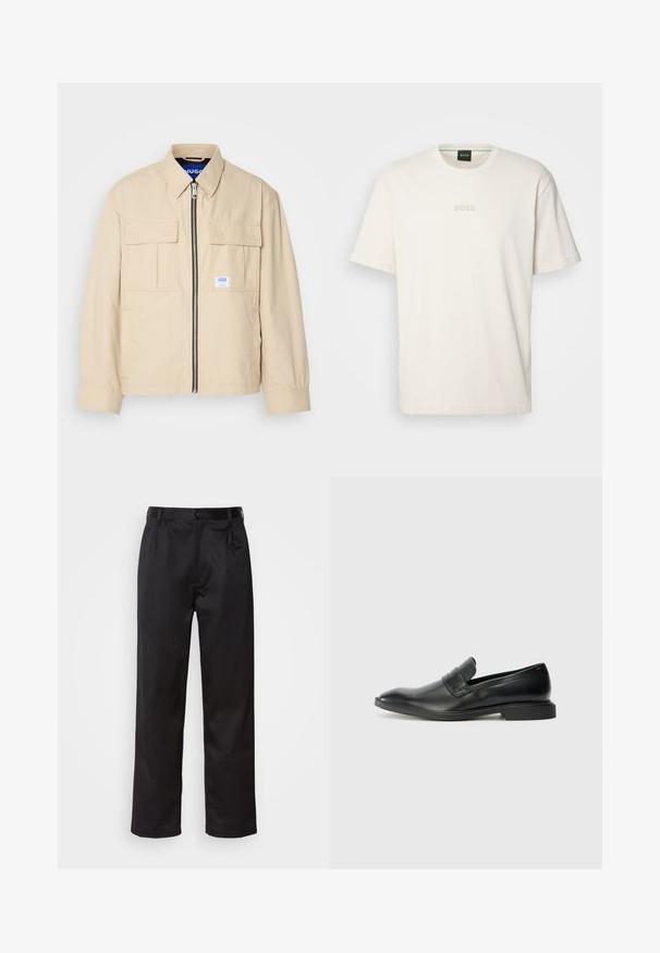 Beige jakk, millel on esiküljel tõmblukk, kaks rinna taskut ja väike brändi silt. Valmistatud siledast, kergest kangast.; BOSS TEE - Lihtne T-särk - open white; Mustadest siledast kangast pükstest, millel on ees nupu sulgemine, voldid ja sirged sääred. Ei mingeid nähtavaid mustreid ega aktsente.; Must mustrid nahkliimed pehme tekstuuri, terava nina ja madala ristkülikukujulise kontsaga. Ülemine osa sisaldab horisontaalset rihma detaili.