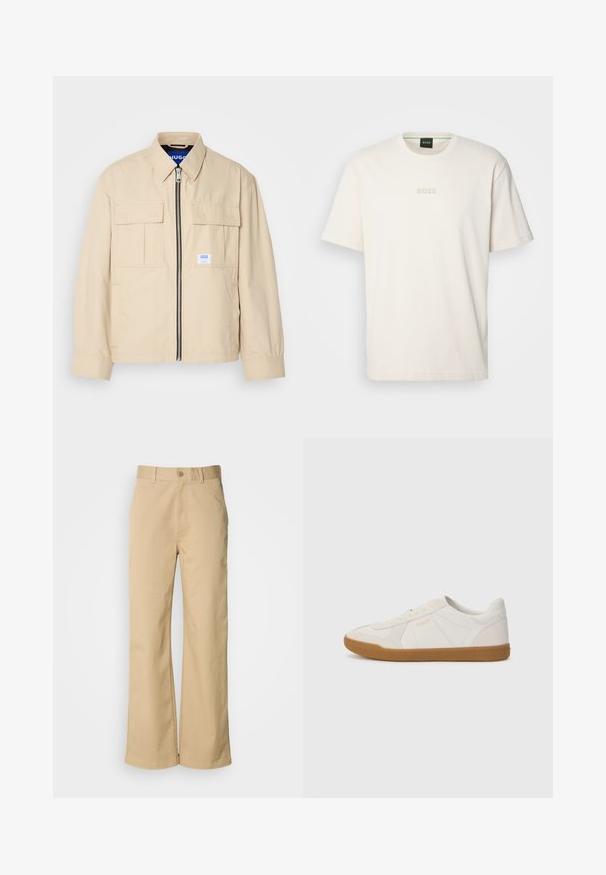 Beige jakk, millel on esiküljel tõmblukk, kaks rinna taskut ja väike brändi silt. Valmistatud siledast, kergest kangast.; BOSS TEE - Lihtne T-särk - open white; Bežid, laiused püksid, mis on valmistatud puuvillasegust. Omavad nupuvärvi ja vööaukude. Sujuv tekstuur, kus on minimaalsed õmbluse detailid.; Valged tossud, mis on valmistatud siledast nahast ning millel on kummist kuldne tall. Neil on lihtne õmblemine ja küljes väike kuldne logo.