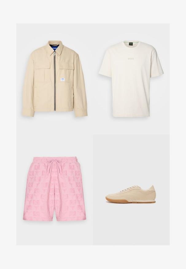Beige jacket featuring a front zipper, two chest pockets, and a small branding label. Made from a smooth, lightweight fabric.; BOSS TEE - Basic T-shirt - open white; Pink shorts with an elastic waistband and drawstring; features a textured pattern of logos and symbols across the fabric.; Beige suede sneakers with a streamlined design, featuring a textured upper, rounded toe, and a rubber sole with a zigzag pattern.