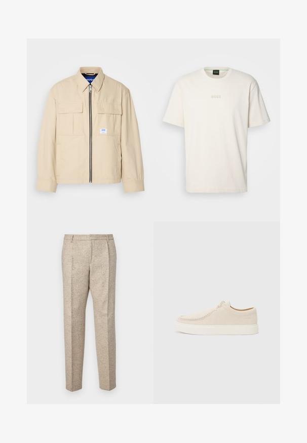 Veste beige avec fermeture éclair à l'avant, deux poches poitrine et une petite étiquette de marque. Fabriquée en tissu lisse et léger.; BOSS TEE - T-shirt basique - open white; Pantalons beige sur mesure en tissu texturé, avec deux plis avant, des passants de ceinture et une coupe droite.; Baskets en daim beige clair avec un bout arrondi, des coutures minimales et une semelle en caoutchouc blanche. Dotées d'une fermeture à lacets simple et d'un détail de marque.