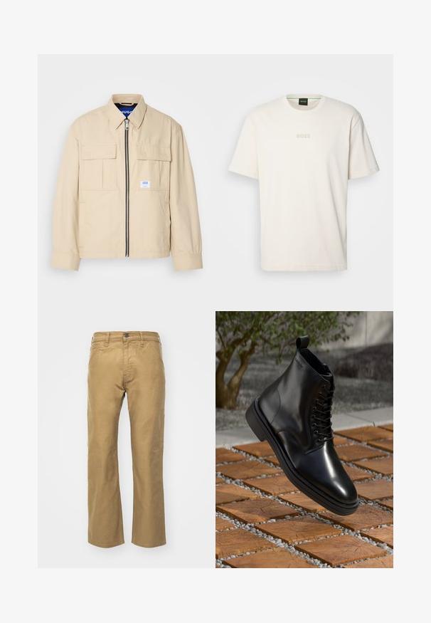 Jachetă bej cu fermoar frontal, două buzunare pe piept și o mică etichetă de marcă. Fabricată dintr-un material fin și ușor.; BOSS TEE - Tricou basic - open white; Pantaloni bej din bumbac. Croi drept cu talie și buzunare frontale. Include un singur buzunar la spate și detalii subtile de cusătură.; Boots de piele negre, cu un finisaj neted, design cu sireturi și un buclă ridicată în spate, așezate deasupra unei suprafețe din lemn cu un model.