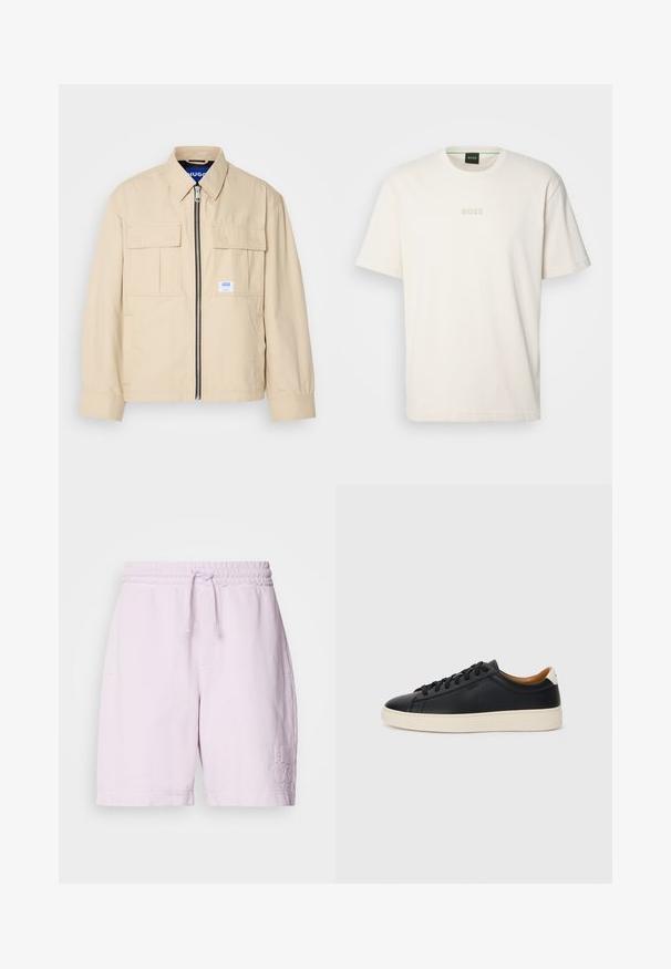 Beige Jacke mit einem Frontreißverschluss, zwei Brusttaschen und einem kleinen Markenetikett. Hergestellt aus einem glatten, leichten Stoff.; BOSS TEE - T-Shirt basic - open white; Rosa Baumwollshorts mit elastischem Bund und Kordelzug, ausgestattet mit Vordertaschen und besticktem "HUGO"-Logo am linken Bein.; Schwarze Ledersneaker mit glatter Textur, beiger Gummisohle, Schnürdesign und einem kontrastierenden Fersenakzent.