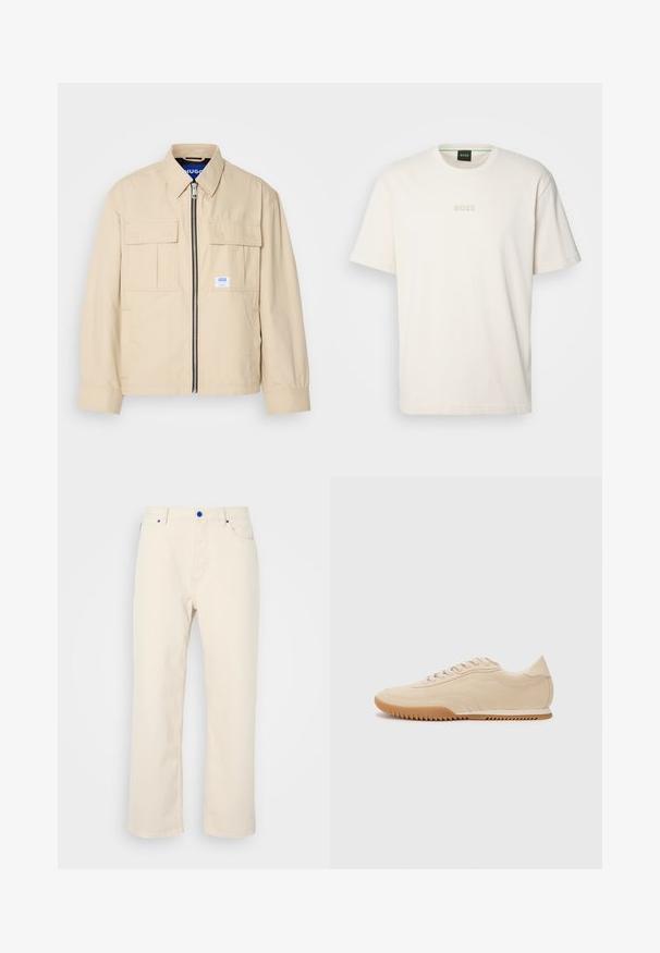 Chaqueta beige con cremallera frontal, dos bolsillos en el pecho y una pequeña etiqueta de marca. Fabricada en una tela suave y ligera.; BOSS TEE - Camiseta básica - open white; Pantalones rectos beige de algodón, con acentos en botones azules, cinco bolsillos y un diseño limpio sin patrones visibles.; Zapatillas de ante beige con un diseño aerodinámico, que presentan un upper texturizado, puntera redondeada y una suela de goma con un patrón de zigzag.