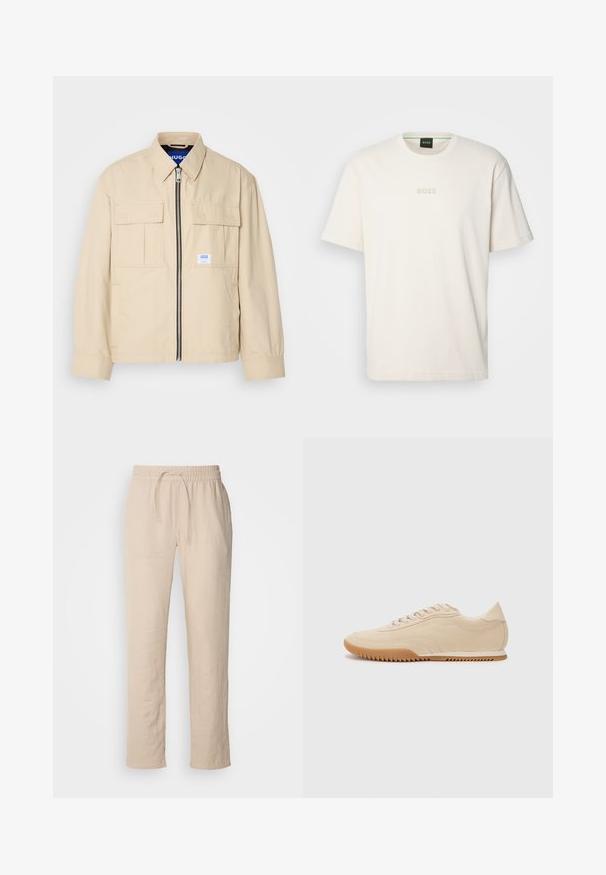 Jachetă bej cu fermoar frontal, două buzunare pe piept și o mică etichetă de marcă. Fabricată dintr-un material fin și ușor.; BOSS TEE - Tricou basic - open white; Pantaloni din in bej cu talie elastică și șnur. Design cu picioare drepte, cu o textură netedă și fără modele vizibile.; Adidași din suede bej cu un design elegant, având un superior texturat, vârf rotund și o talpă din cauciuc cu un model în zig-zag.