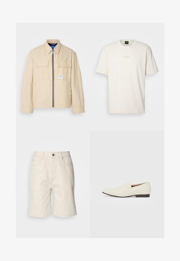 Beige színű dzseki, elülső cipzárral, két mellzsebbel és egy kis márkajelzéssel. Simább, könnyű anyagból készült.; BOSS TEE - Basic póló - open white; Beige farmernadrág rövidnadrág, egyenes szabással, öt zsebbel és elöl gombos záródással. Enyhén texturált anyag, látható cérnavonallal.; Világos bézs loaferek hegyes orral, sima anyagból, a lábfejen lévő pánttal és alacsony barna talppal. Egyszerű dizájn, minimális díszítéssel.
