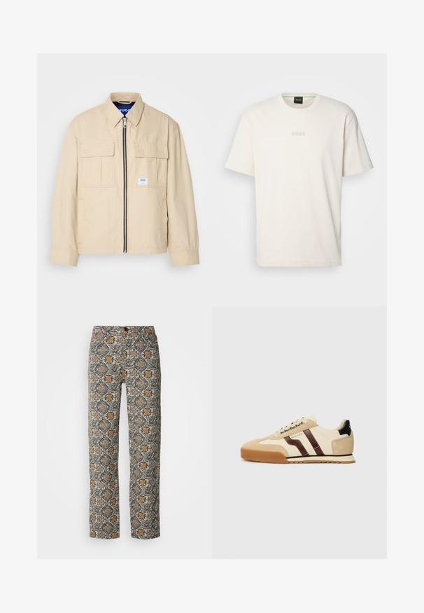 Casaco bege com fecho éclair frontal, dois bolsos no peito e uma pequena etiqueta de marca. Feito de um tecido liso e leve.; BOSS TEE - T-shirt básica - open white; Calças com padrão floral em bege, preto e laranja. Feitas de tecido leve, com corte reto e fecho de botão.; GANT BAYLLE - Sapatilhas - sand